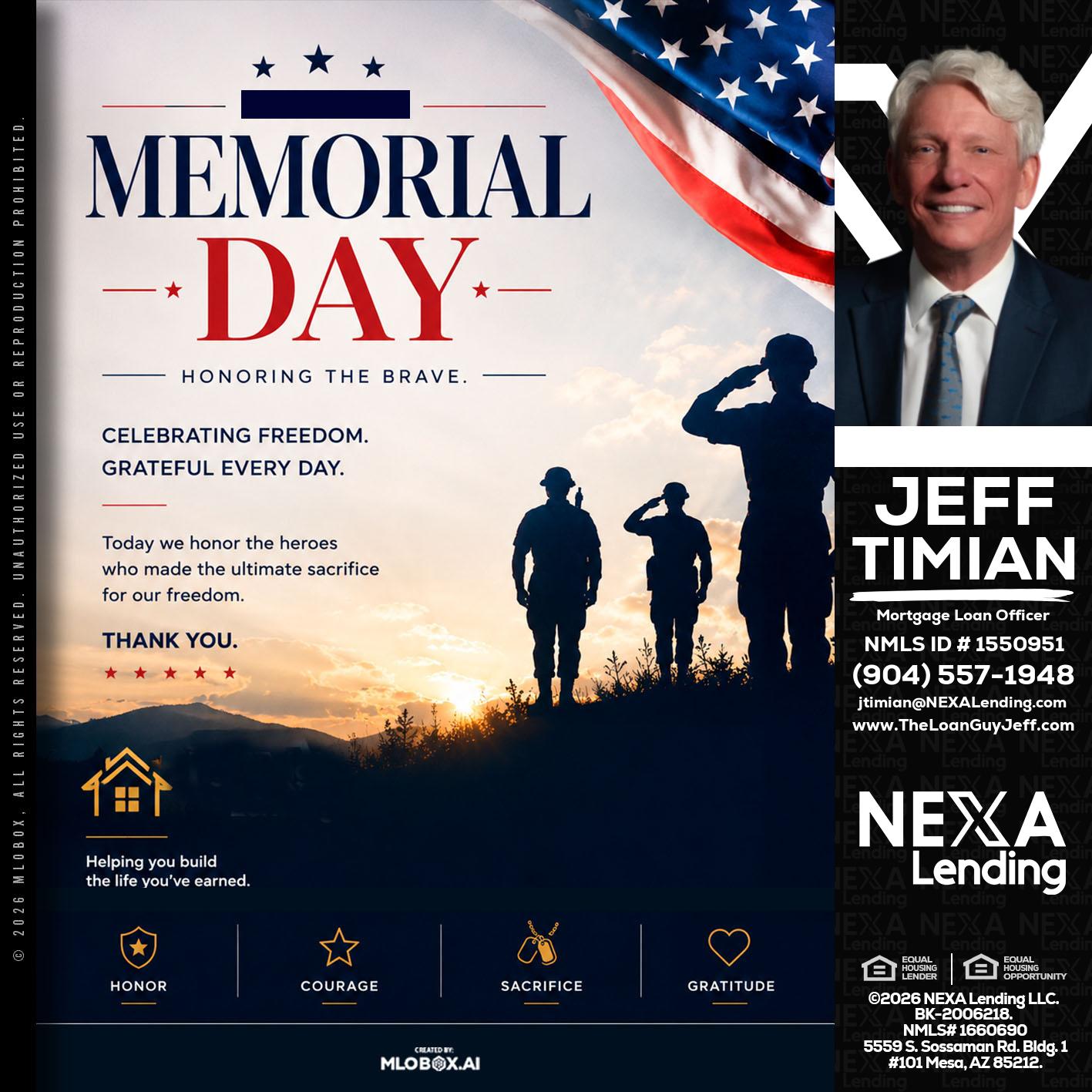 MEMORIAL DAY - Jeff Timian -Mortgage Loan Officer